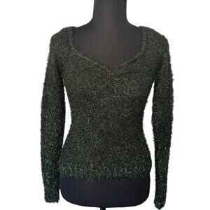 NWT Chelsea & Violet Metallic Fuzzy Eyelash Knit Sweater Green Shimmery Size XS